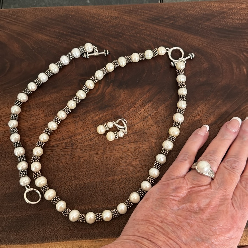 Sterling Silver Cultured pearl jewelry set (necklace, bracelet, ring, earrings) - Picture 2 of 7